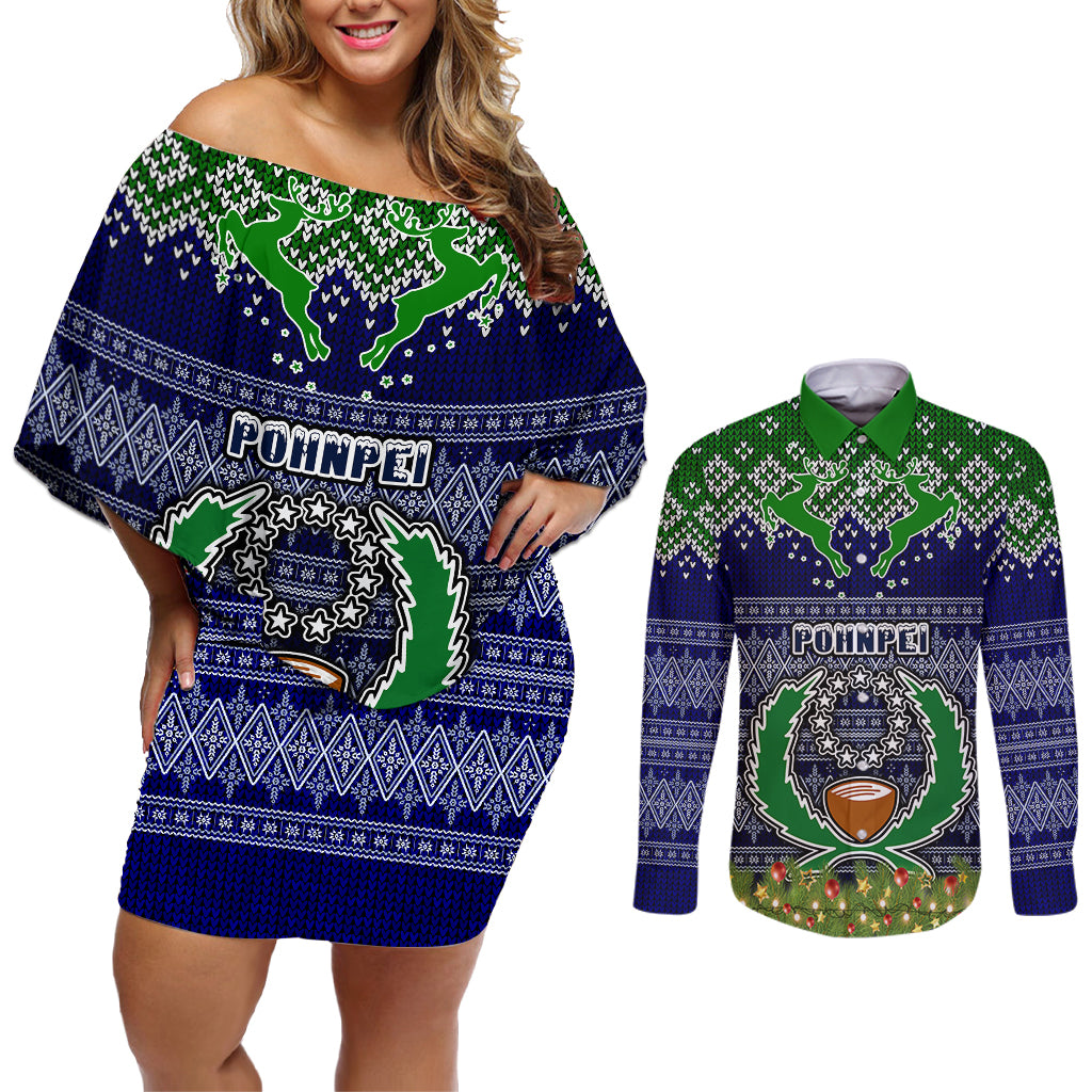 personalised-pohnpei-state-christmas-couples-matching-off-shoulder-short-dress-and-long-sleeve-button-shirts-coat-of-arms-beautiful-merry-xmas-snowflake