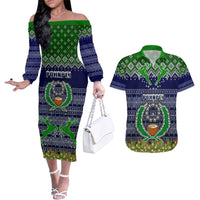 Personalised Pohnpei State Christmas Couples Matching Off The Shoulder Long Sleeve Dress and Hawaiian Shirt Coat of Arms Beautiful Merry Xmas Snowflake LT03 Blue - Polynesian Pride