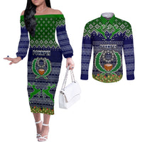 Personalised Pohnpei State Christmas Couples Matching Off The Shoulder Long Sleeve Dress and Long Sleeve Button Shirts Coat of Arms Beautiful Merry Xmas Snowflake LT03 Blue - Polynesian Pride