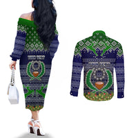 Personalised Pohnpei State Christmas Couples Matching Off The Shoulder Long Sleeve Dress and Long Sleeve Button Shirts Coat of Arms Beautiful Merry Xmas Snowflake LT03 - Polynesian Pride