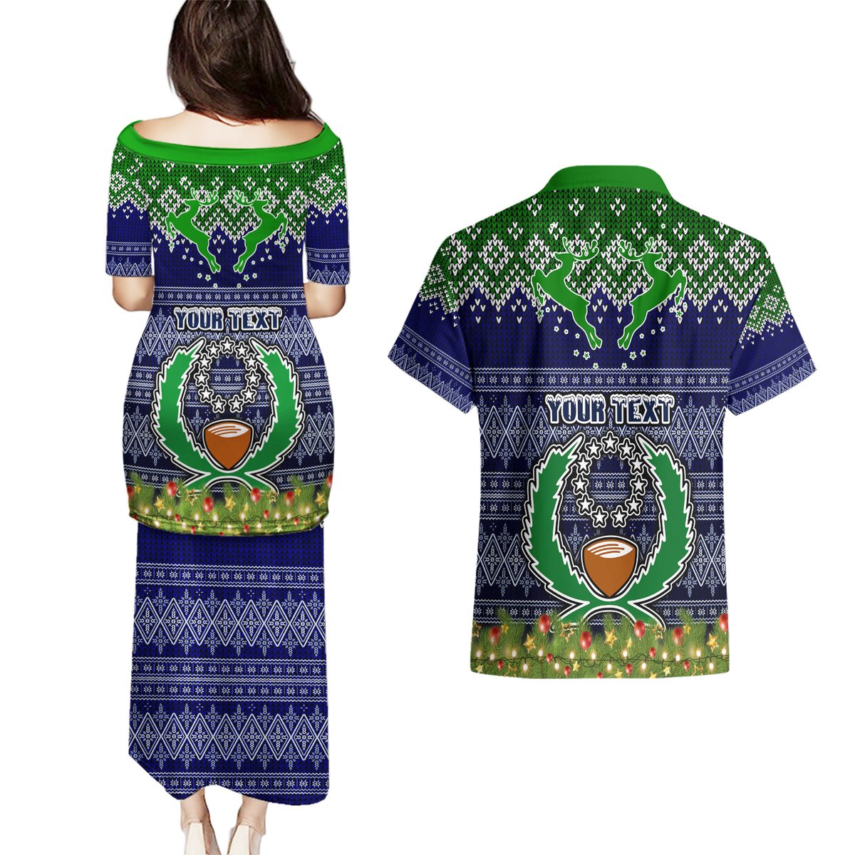 Personalised Pohnpei State Christmas Couples Matching Puletasi Dress and Hawaiian Shirt Coat of Arms Beautiful Merry Xmas Snowflake LT03 - Polynesian Pride