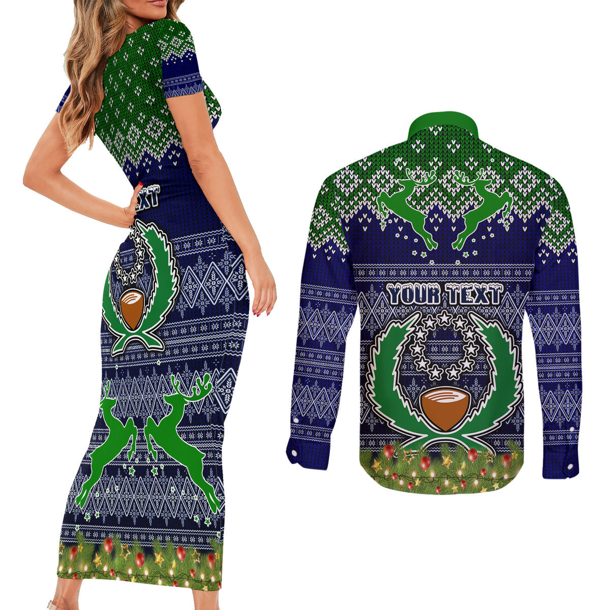 Personalised Pohnpei State Christmas Couples Matching Short Sleeve Bodycon Dress and Long Sleeve Button Shirts Coat of Arms Beautiful Merry Xmas Snowflake LT03 - Polynesian Pride