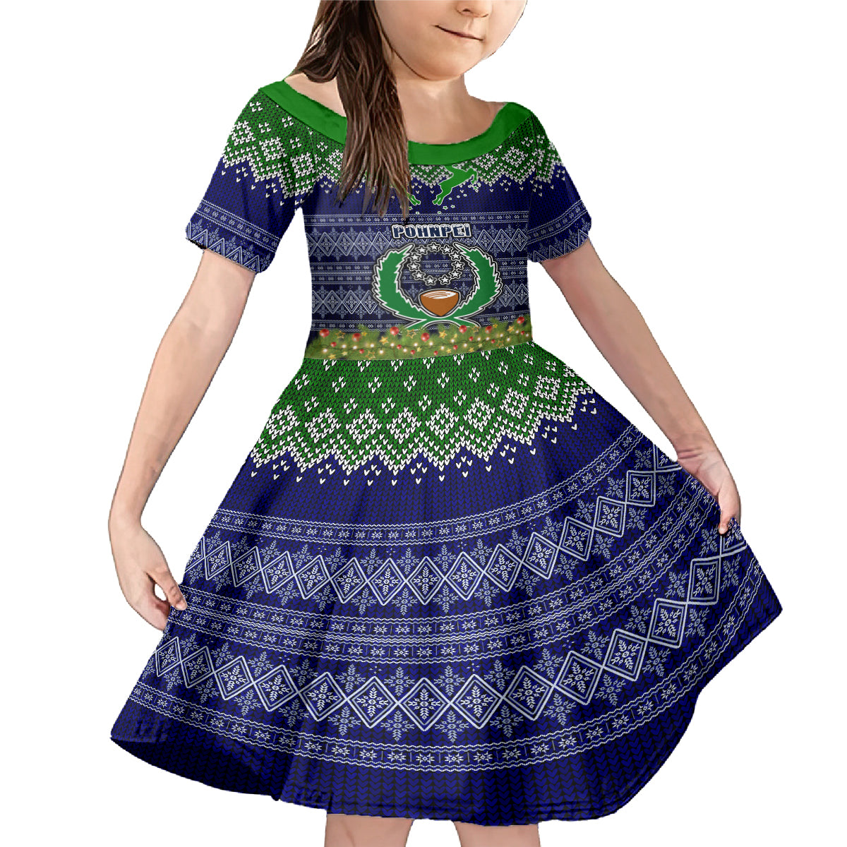Personalised Pohnpei State Christmas Family Matching Mermaid Dress and Hawaiian Shirt Coat of Arms Beautiful Merry Xmas Snowflake LT03 Daughter's Dress Blue - Polynesian Pride