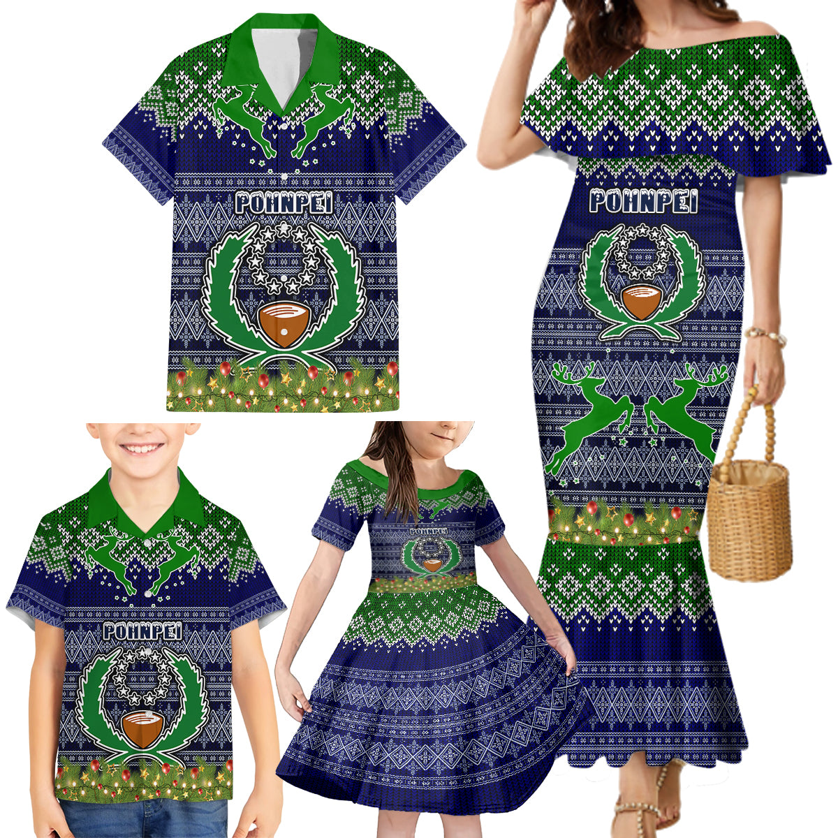 Personalised Pohnpei State Christmas Family Matching Mermaid Dress and Hawaiian Shirt Coat of Arms Beautiful Merry Xmas Snowflake LT03 - Polynesian Pride