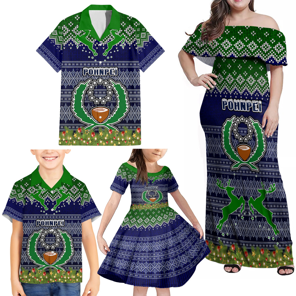 Personalised Pohnpei State Christmas Family Matching Off Shoulder Maxi Dress and Hawaiian Shirt Coat of Arms Beautiful Merry Xmas Snowflake LT03 - Polynesian Pride