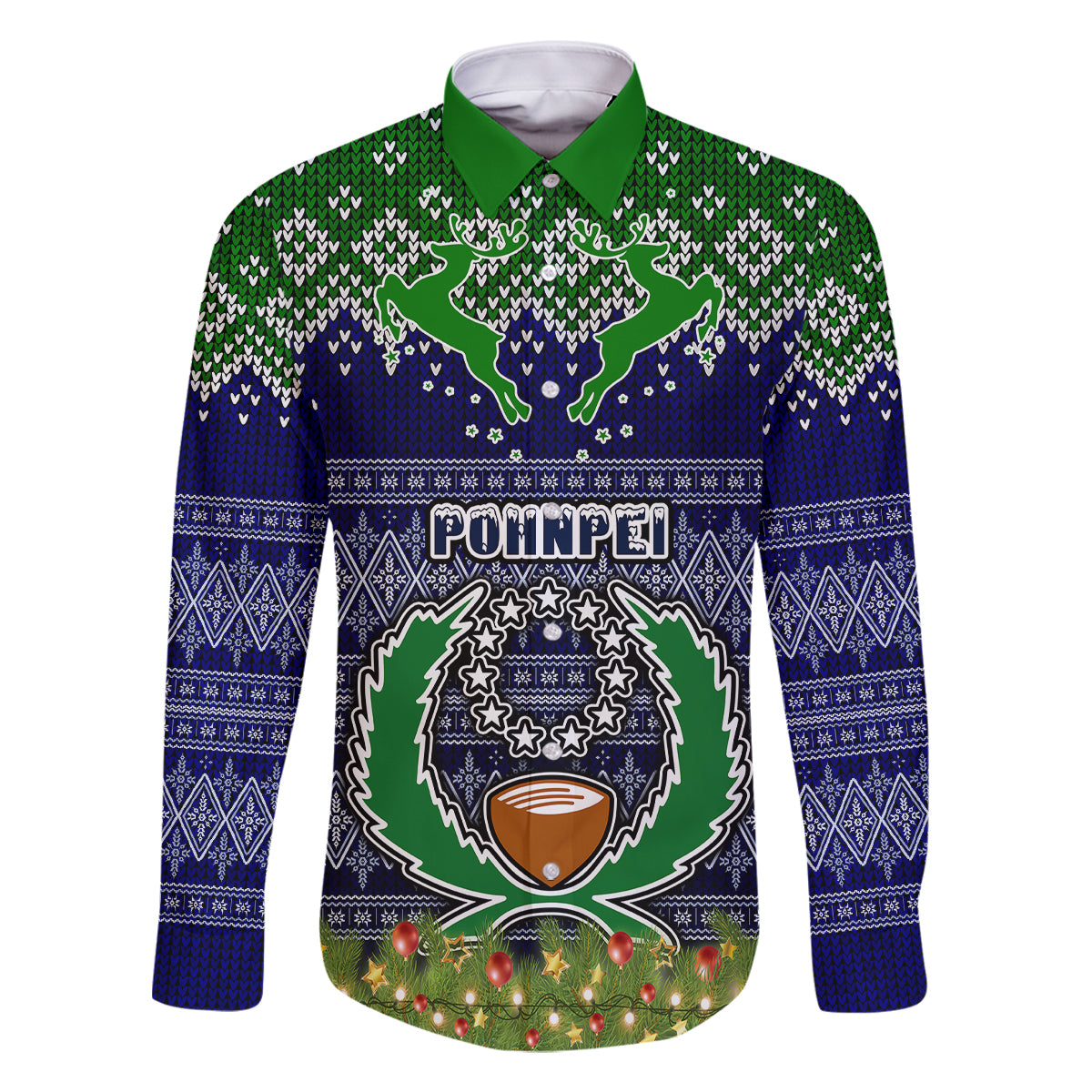 Personalised Pohnpei State Christmas Family Matching Off Shoulder Short Dress and Hawaiian Shirt Coat of Arms Beautiful Merry Xmas Snowflake LT03 Dad's Shirt - Long Sleeve Blue - Polynesian Pride