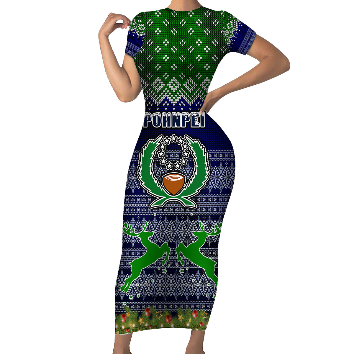 Personalised Pohnpei State Christmas Family Matching Short Sleeve Bodycon Dress and Hawaiian Shirt Coat of Arms Beautiful Merry Xmas Snowflake LT03 Mom's Dress Blue - Polynesian Pride