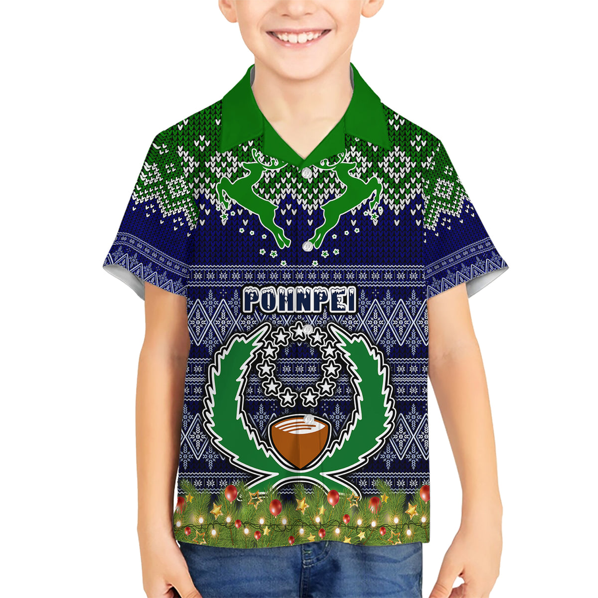 Personalised Pohnpei State Christmas Family Matching Short Sleeve Bodycon Dress and Hawaiian Shirt Coat of Arms Beautiful Merry Xmas Snowflake LT03 Son's Shirt Blue - Polynesian Pride