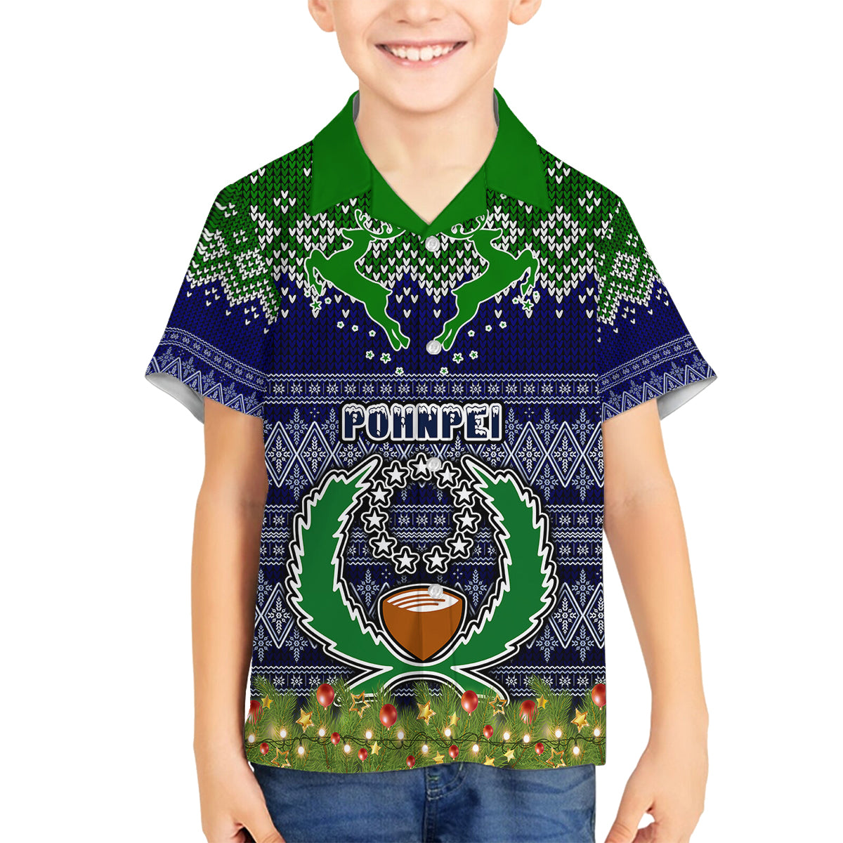 Personalised Pohnpei State Christmas Family Matching Tank Maxi Dress and Hawaiian Shirt Coat of Arms Beautiful Merry Xmas Snowflake LT03 Son's Shirt Blue - Polynesian Pride
