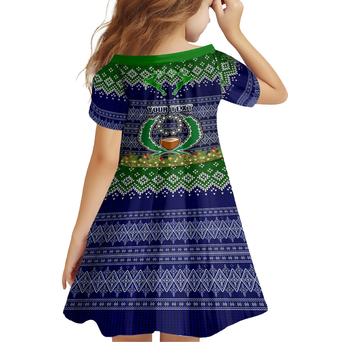 personalised-pohnpei-state-christmas-kid-short-sleeve-dress-coat-of-arms-beautiful-merry-xmas-snowflake