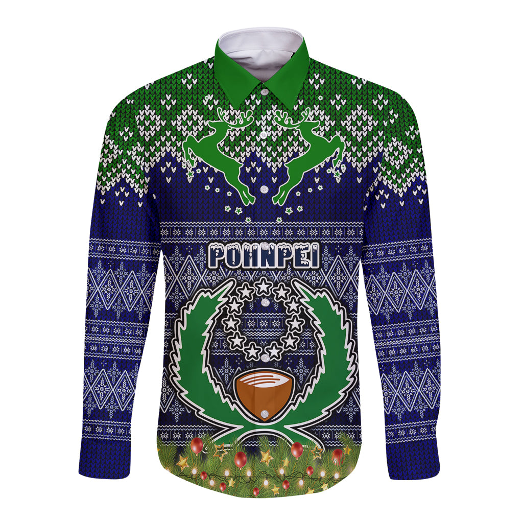 personalised-pohnpei-state-christmas-long-sleeve-button-shirt-coat-of-arms-beautiful-merry-xmas-snowflake