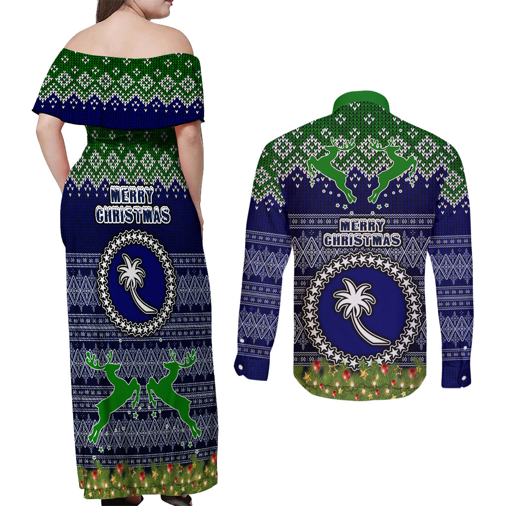 chuuk-state-christmas-couples-matching-off-shoulder-maxi-dress-and-long-sleeve-button-shirts-coat-of-arms-beautiful-merry-xmas-snowflake