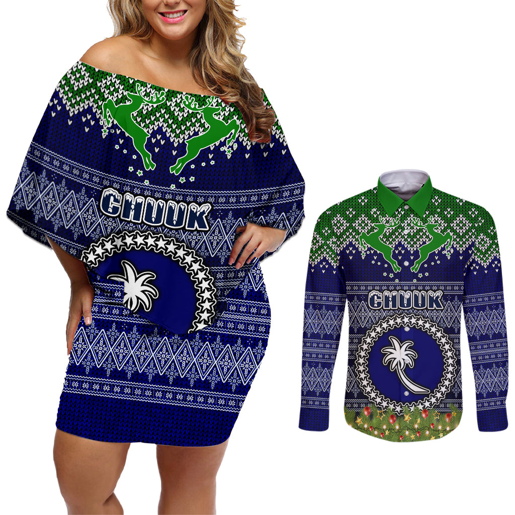 chuuk-state-christmas-couples-matching-off-shoulder-short-dress-and-long-sleeve-button-shirts-coat-of-arms-beautiful-merry-xmas-snowflake