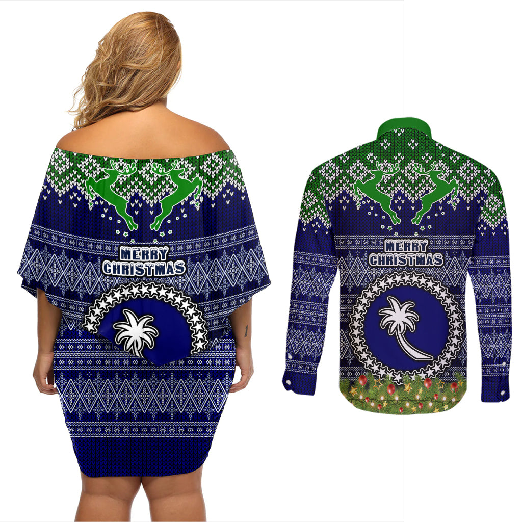 chuuk-state-christmas-couples-matching-off-shoulder-short-dress-and-long-sleeve-button-shirts-coat-of-arms-beautiful-merry-xmas-snowflake
