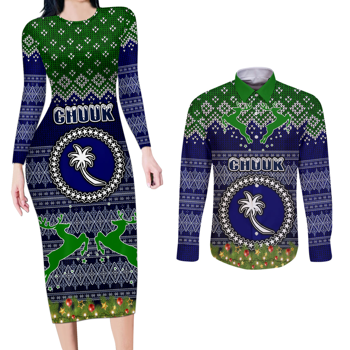 personalised-chuuk-state-christmas-couples-matching-long-sleeve-bodycon-dress-and-long-sleeve-button-shirts-coat-of-arms-beautiful-merry-xmas-snowflake