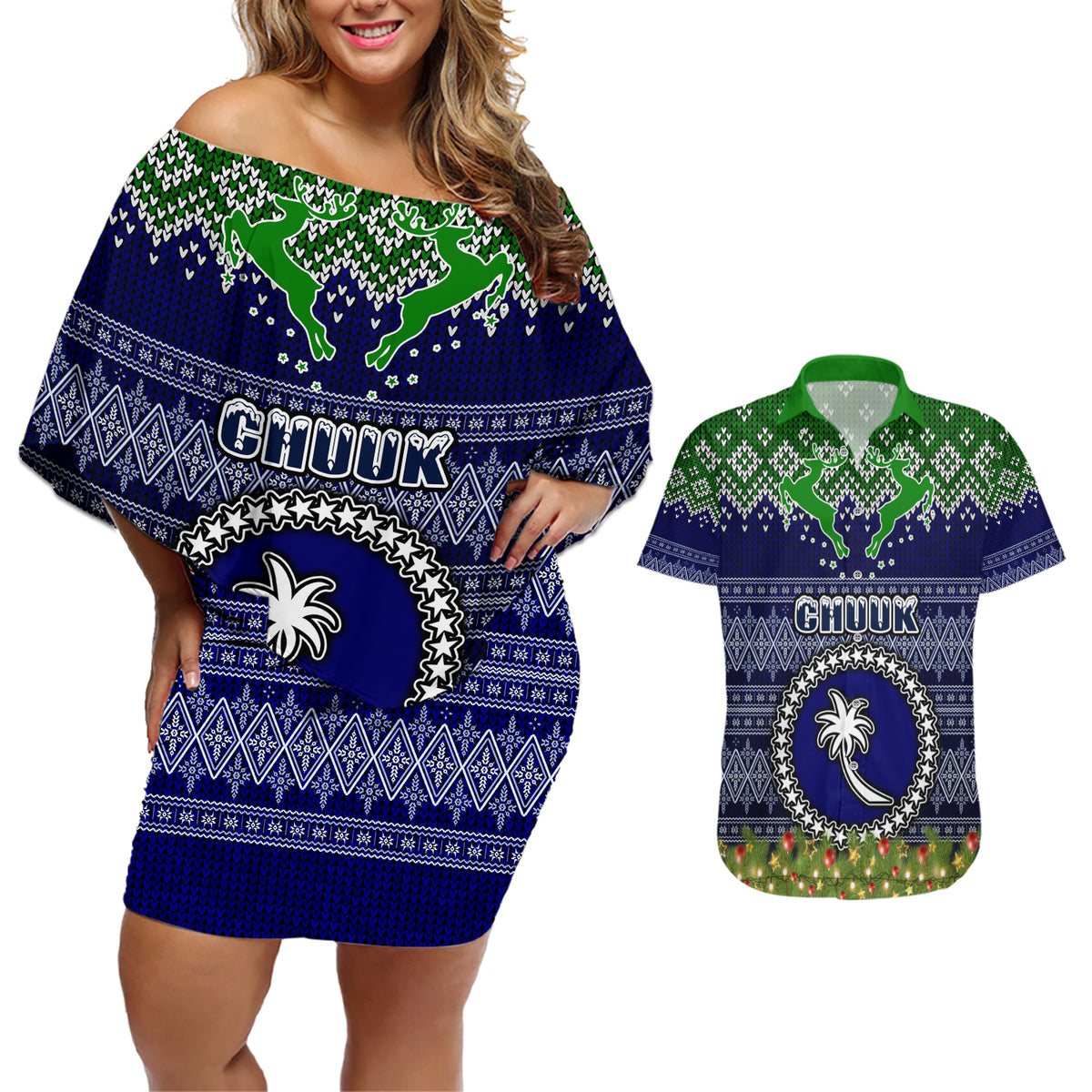 personalised-chuuk-state-christmas-couples-matching-off-shoulder-short-dress-and-hawaiian-shirt-coat-of-arms-beautiful-merry-xmas-snowflake