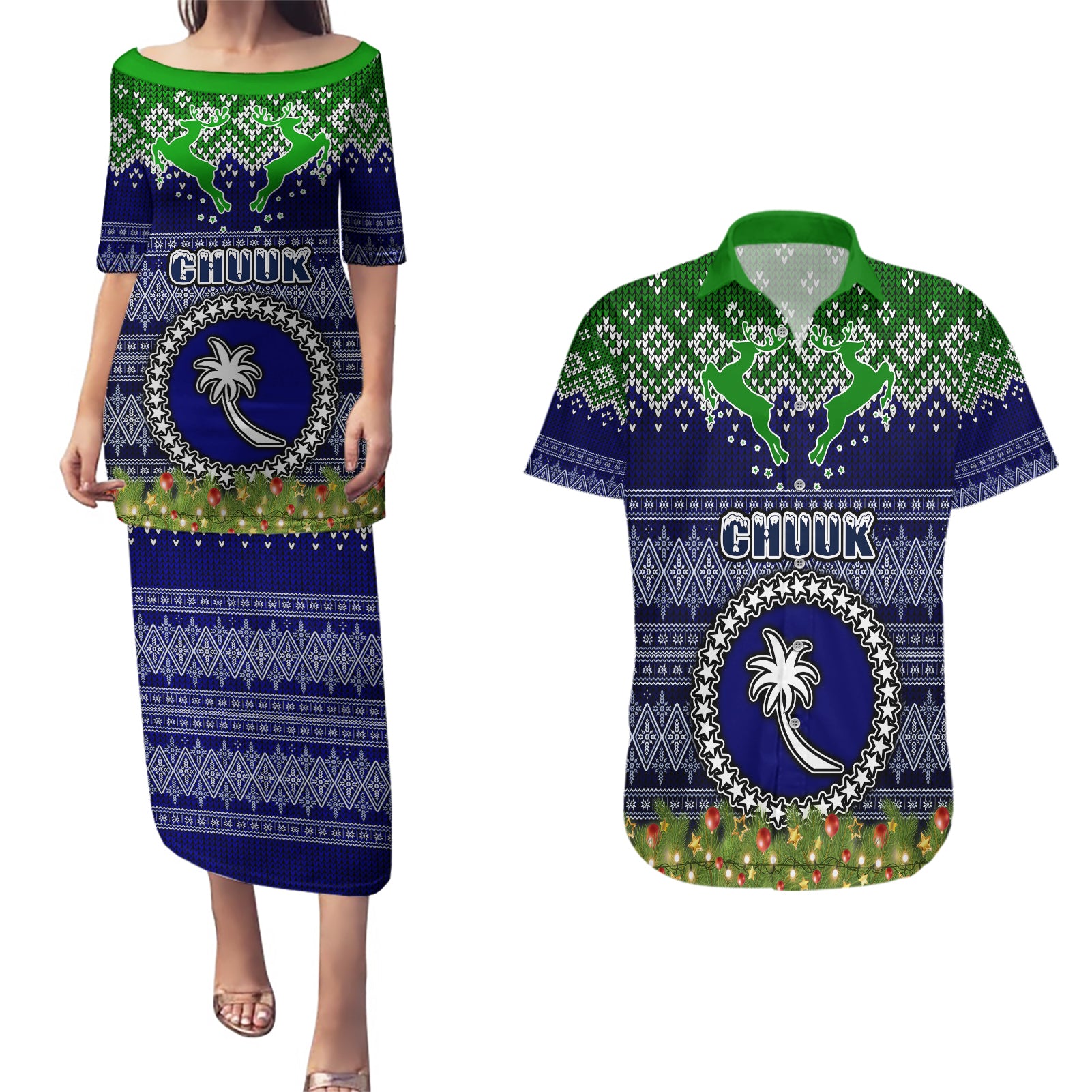 personalised-chuuk-state-christmas-couples-matching-puletasi-dress-and-hawaiian-shirt-coat-of-arms-beautiful-merry-xmas-snowflake