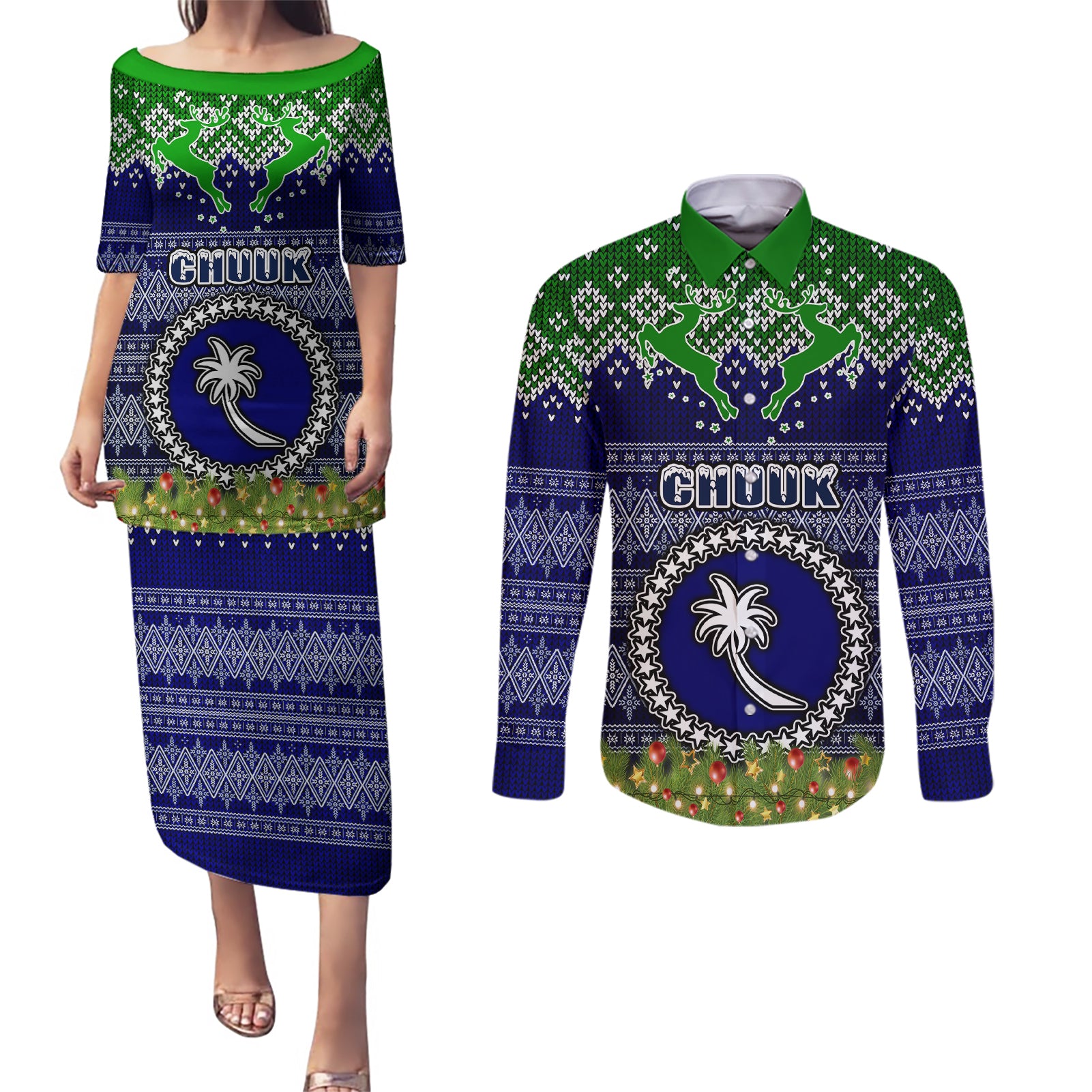 personalised-chuuk-state-christmas-couples-matching-puletasi-dress-and-long-sleeve-button-shirts-coat-of-arms-beautiful-merry-xmas-snowflake