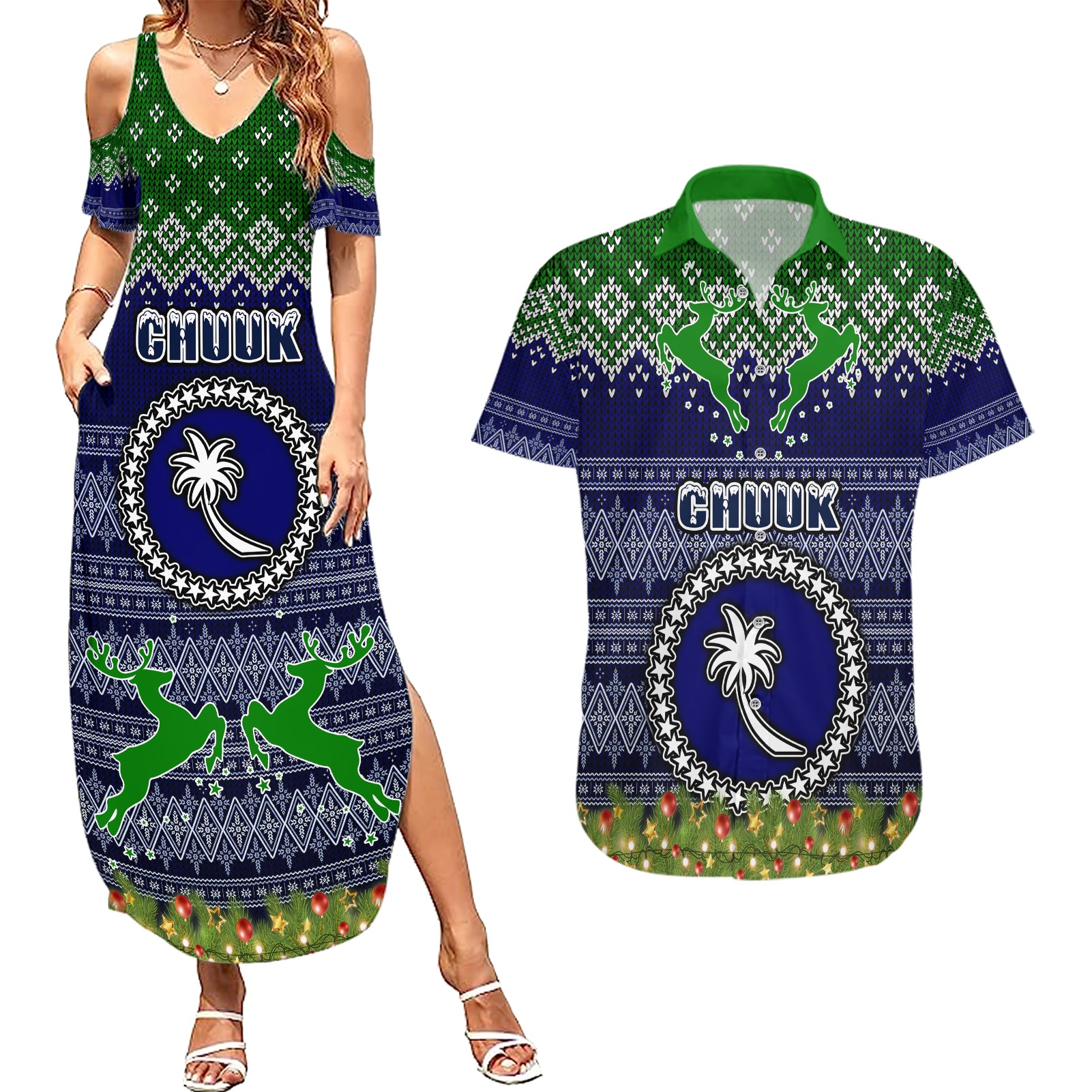personalised-chuuk-state-christmas-couples-matching-summer-maxi-dress-and-hawaiian-shirt-coat-of-arms-beautiful-merry-xmas-snowflake
