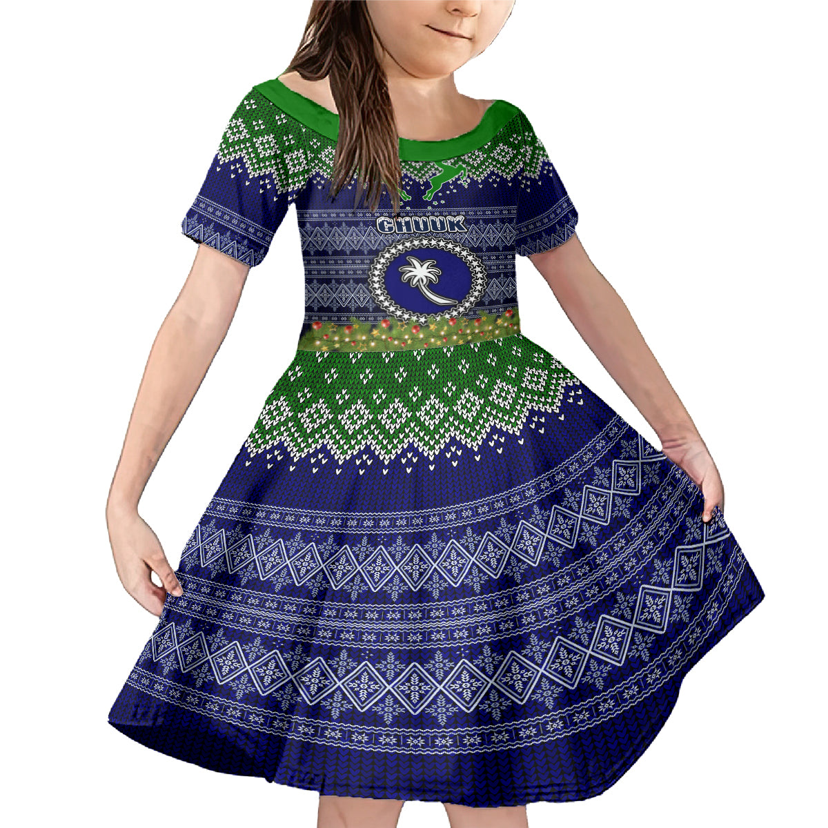 Personalised Chuuk State Christmas Family Matching Mermaid Dress and Hawaiian Shirt Coat of Arms Beautiful Merry Xmas Snowflake LT03 Daughter's Dress Blue - Polynesian Pride