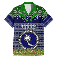 Personalised Chuuk State Christmas Family Matching Mermaid Dress and Hawaiian Shirt Coat of Arms Beautiful Merry Xmas Snowflake LT03 Dad's Shirt - Short Sleeve Blue - Polynesian Pride