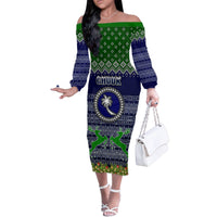Personalised Chuuk State Christmas Family Matching Off Shoulder Long Sleeve Dress and Hawaiian Shirt Coat of Arms Beautiful Merry Xmas Snowflake LT03 Mom's Dress Blue - Polynesian Pride