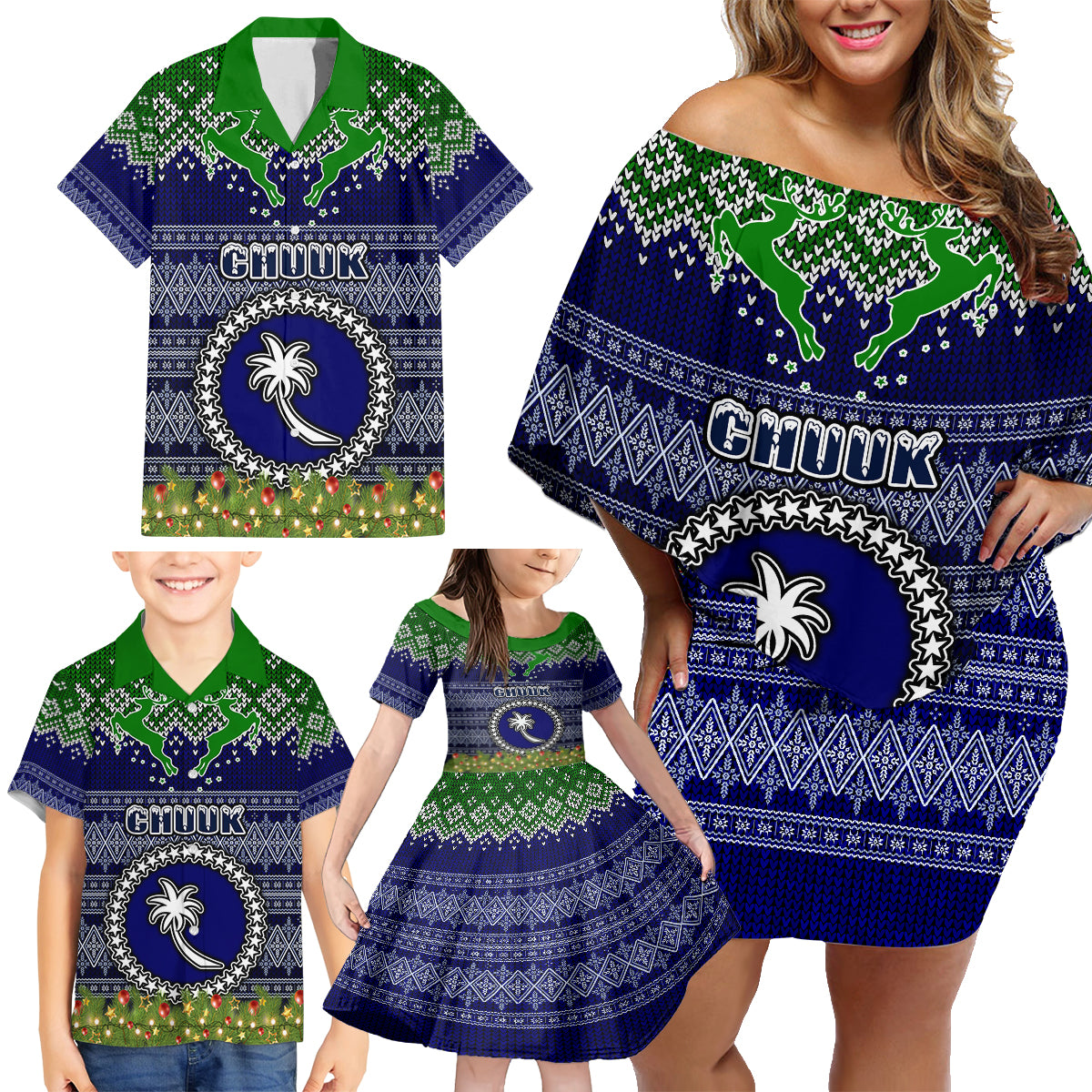 Personalised Chuuk State Christmas Family Matching Off Shoulder Short Dress and Hawaiian Shirt Coat of Arms Beautiful Merry Xmas Snowflake LT03 - Polynesian Pride