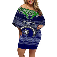 Personalised Chuuk State Christmas Family Matching Off Shoulder Short Dress and Hawaiian Shirt Coat of Arms Beautiful Merry Xmas Snowflake LT03 Mom's Dress Blue - Polynesian Pride