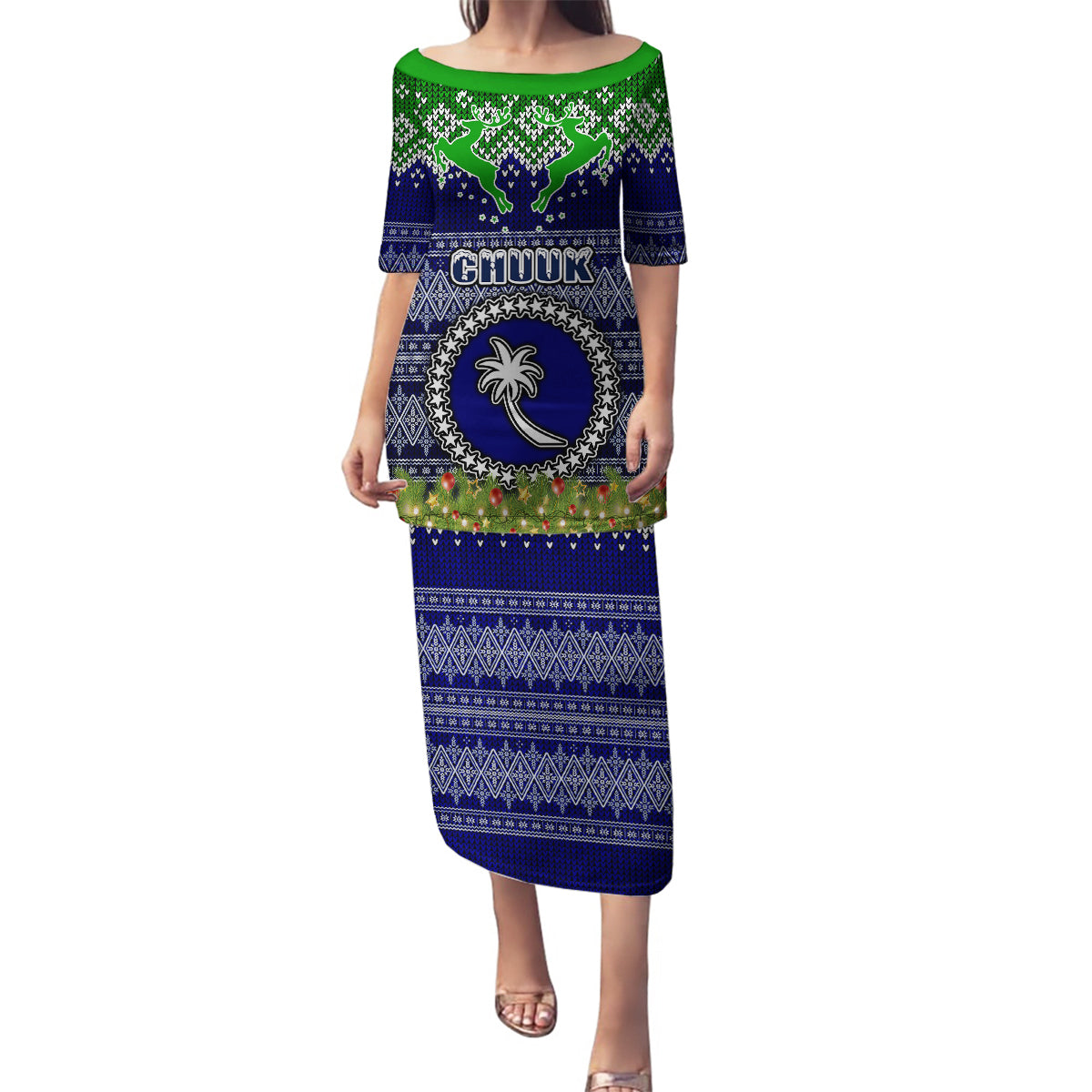 Personalised Chuuk State Christmas Family Matching Puletasi Dress and Hawaiian Shirt Coat of Arms Beautiful Merry Xmas Snowflake LT03 Mom's Dress Blue - Polynesian Pride