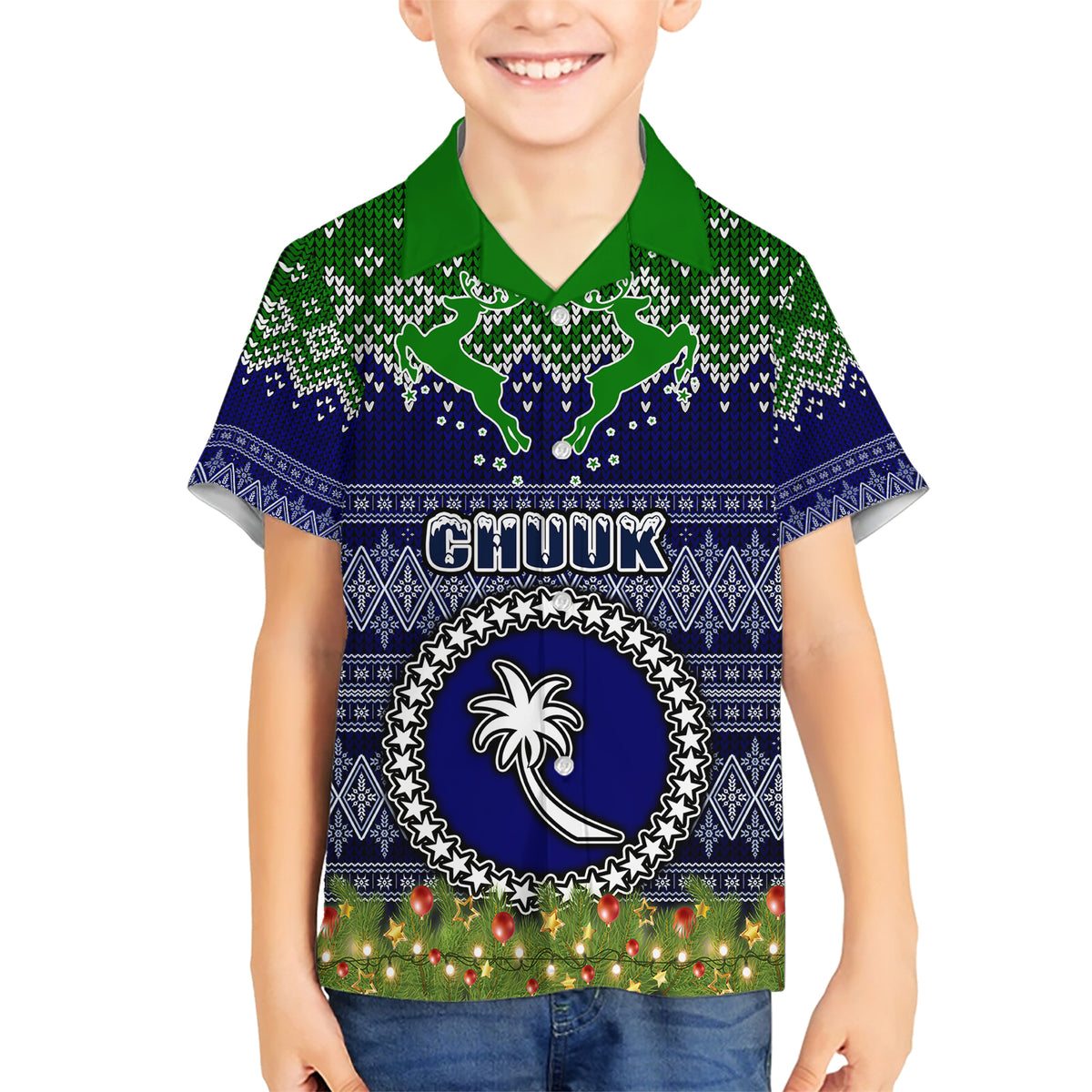 Personalised Chuuk State Christmas Family Matching Short Sleeve Bodycon Dress and Hawaiian Shirt Coat of Arms Beautiful Merry Xmas Snowflake LT03 Son's Shirt Blue - Polynesian Pride