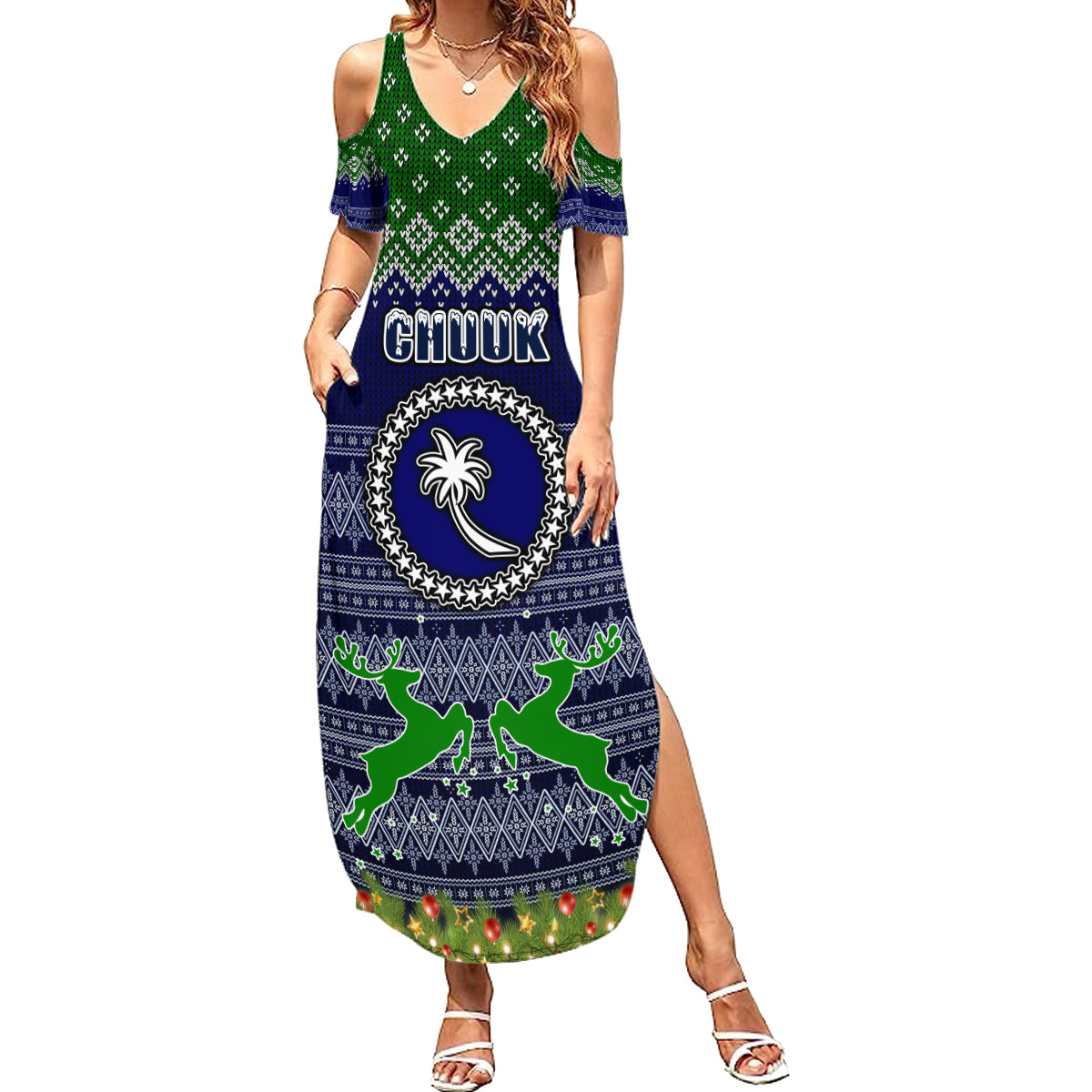 Personalised Chuuk State Christmas Family Matching Summer Maxi Dress and Hawaiian Shirt Coat of Arms Beautiful Merry Xmas Snowflake LT03 Mom's Dress Blue - Polynesian Pride