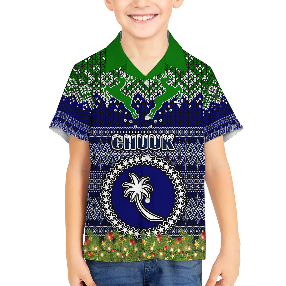 Personalised Chuuk State Christmas Family Matching Summer Maxi Dress and Hawaiian Shirt Coat of Arms Beautiful Merry Xmas Snowflake LT03 Son's Shirt Blue - Polynesian Pride