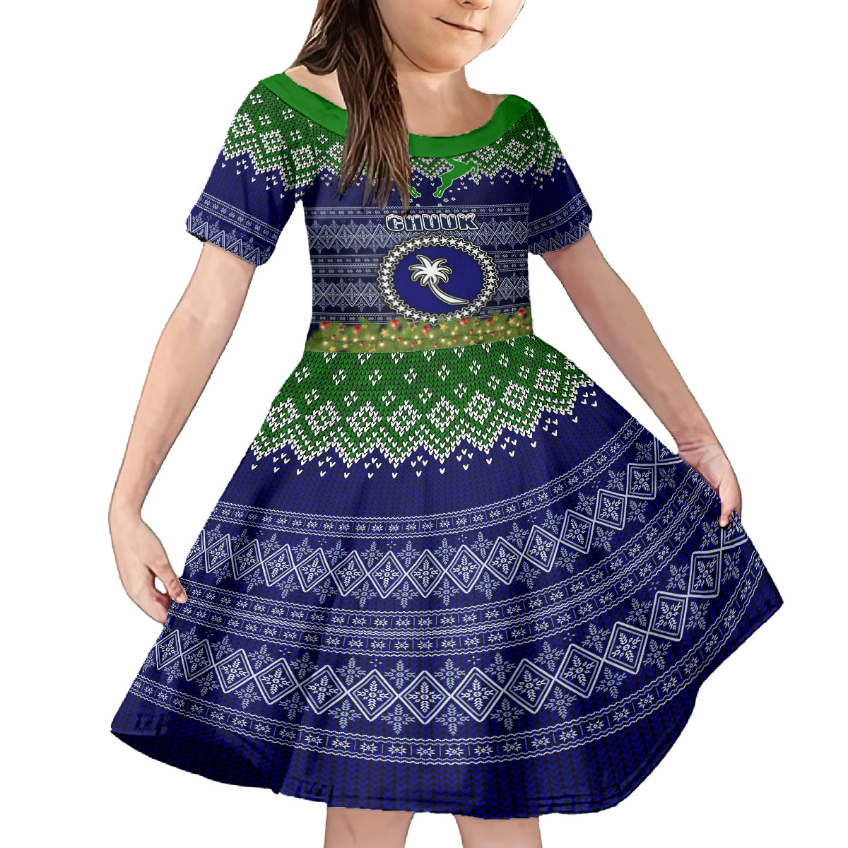 personalised-chuuk-state-christmas-kid-short-sleeve-dress-coat-of-arms-beautiful-merry-xmas-snowflake