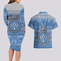 Kosrae Christmas Couples Matching Long Sleeve Bodycon Dress and Hawaiian Shirt Coat of Arms Beautiful Merry Xmas Snowflake LT03 - Polynesian Pride