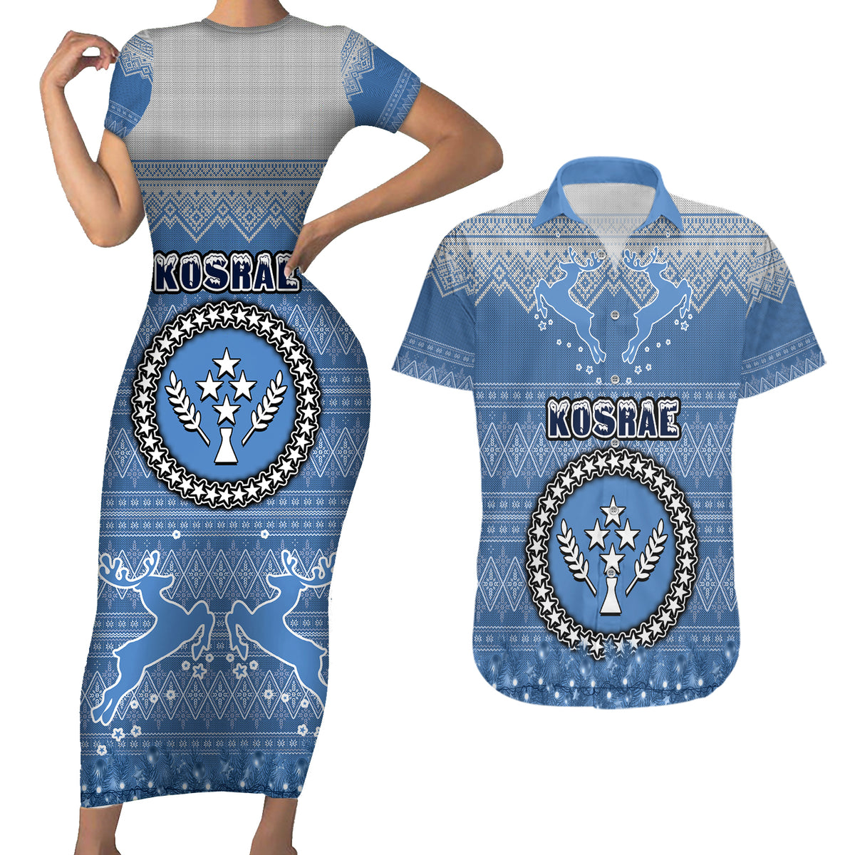 Kosrae Christmas Couples Matching Short Sleeve Bodycon Dress and Hawaiian Shirt Coat of Arms Beautiful Merry Xmas Snowflake LT03 Blue - Polynesian Pride