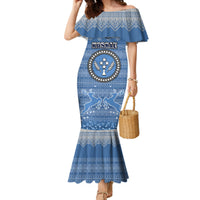 Kosrae Christmas Family Matching Mermaid Dress and Hawaiian Shirt Coat of Arms Beautiful Merry Xmas Snowflake LT03 Mom's Dress Blue - Polynesian Pride