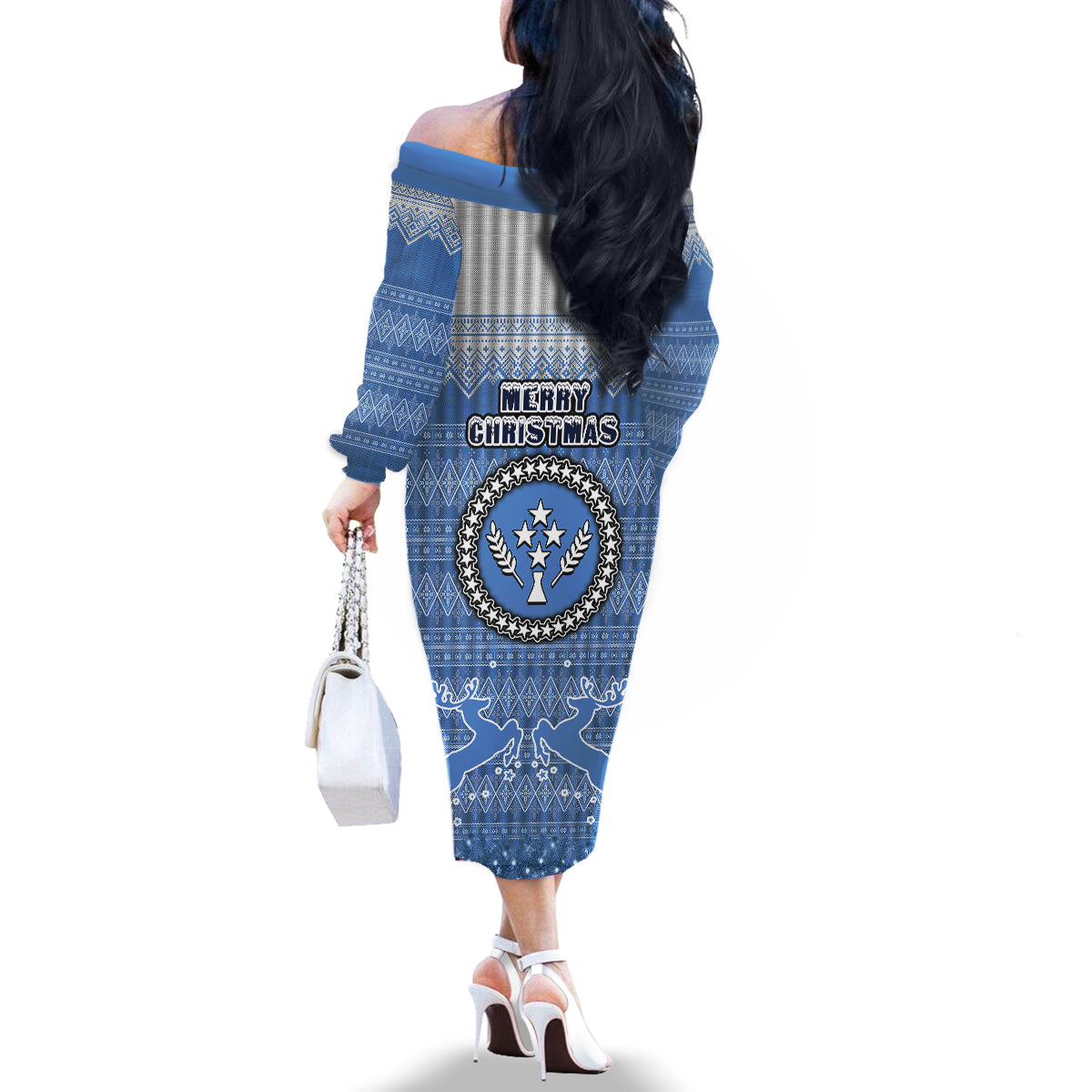 Kosrae Christmas Family Matching Off Shoulder Long Sleeve Dress and Hawaiian Shirt Coat of Arms Beautiful Merry Xmas Snowflake LT03 - Polynesian Pride