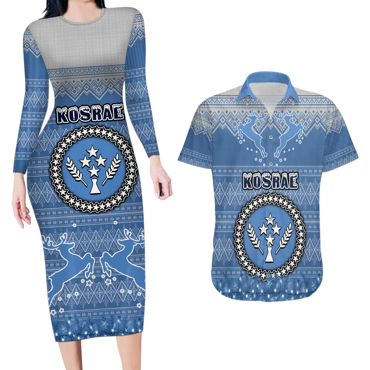 Personalised Kosrae Christmas Couples Matching Long Sleeve Bodycon Dress and Hawaiian Shirt Coat of Arms Beautiful Merry Xmas Snowflake LT03 Blue - Polynesian Pride