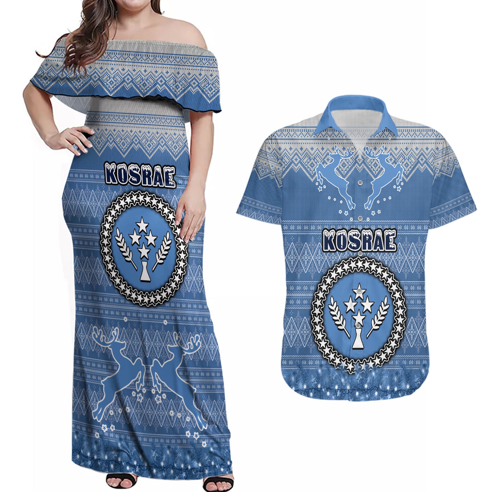 personalised-kosrae-christmas-couples-matching-off-shoulder-maxi-dress-and-hawaiian-shirt-coat-of-arms-beautiful-merry-xmas-snowflake