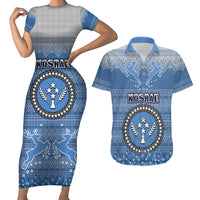 Personalised Kosrae Christmas Couples Matching Short Sleeve Bodycon Dress and Hawaiian Shirt Coat of Arms Beautiful Merry Xmas Snowflake LT03 Blue - Polynesian Pride
