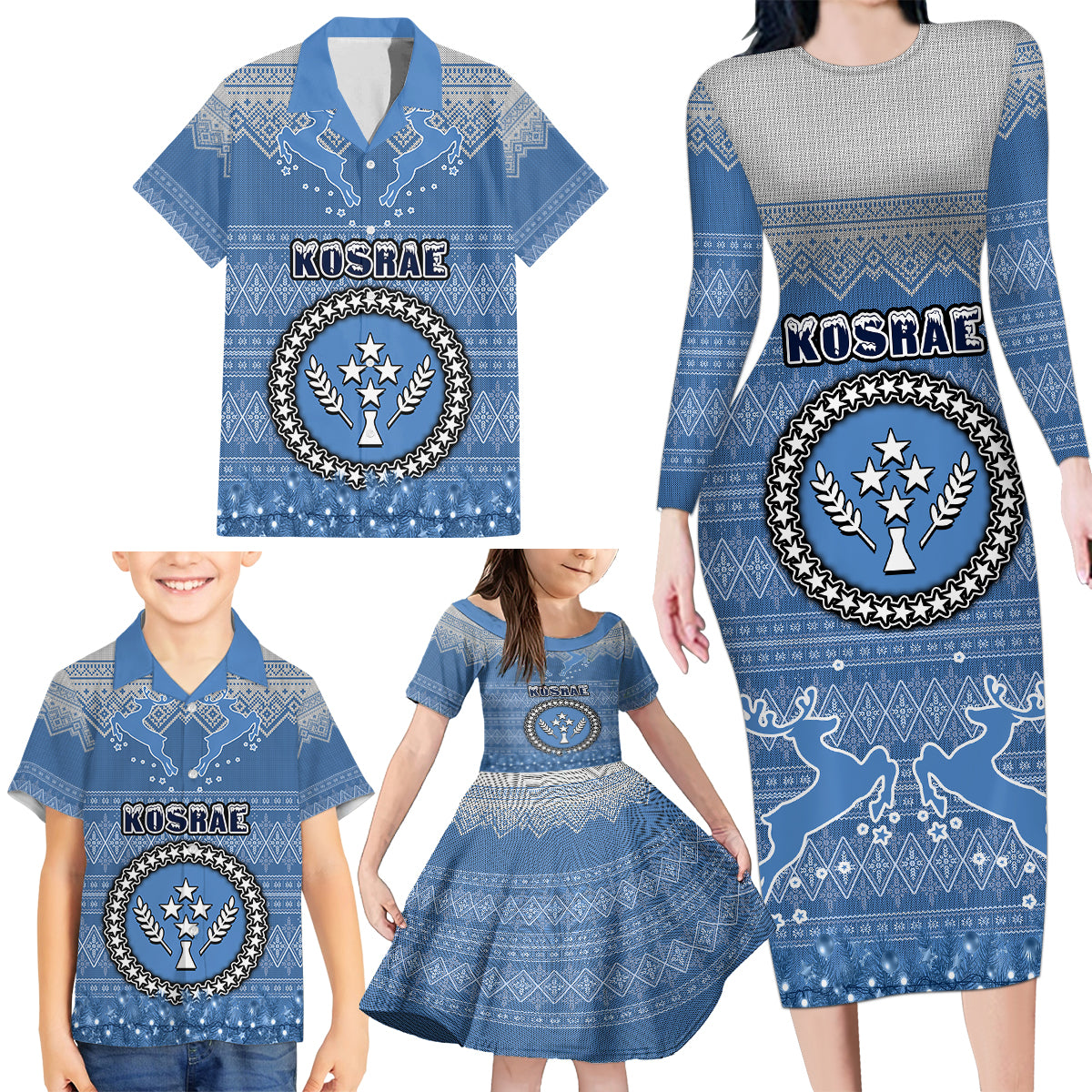 Personalised Kosrae Christmas Family Matching Long Sleeve Bodycon Dress and Hawaiian Shirt Coat of Arms Beautiful Merry Xmas Snowflake LT03 - Polynesian Pride