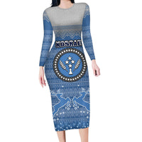 Personalised Kosrae Christmas Family Matching Long Sleeve Bodycon Dress and Hawaiian Shirt Coat of Arms Beautiful Merry Xmas Snowflake LT03 Mom's Dress Blue - Polynesian Pride