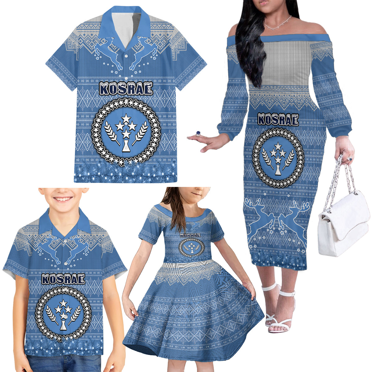 Personalised Kosrae Christmas Family Matching Off Shoulder Long Sleeve Dress and Hawaiian Shirt Coat of Arms Beautiful Merry Xmas Snowflake LT03 - Polynesian Pride