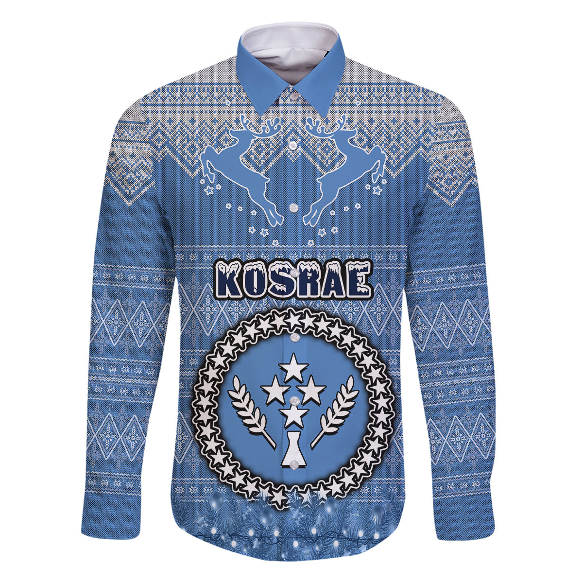 Personalised Kosrae Christmas Family Matching Off Shoulder Long Sleeve Dress and Hawaiian Shirt Coat of Arms Beautiful Merry Xmas Snowflake LT03 Dad's Shirt - Long Sleeve Blue - Polynesian Pride