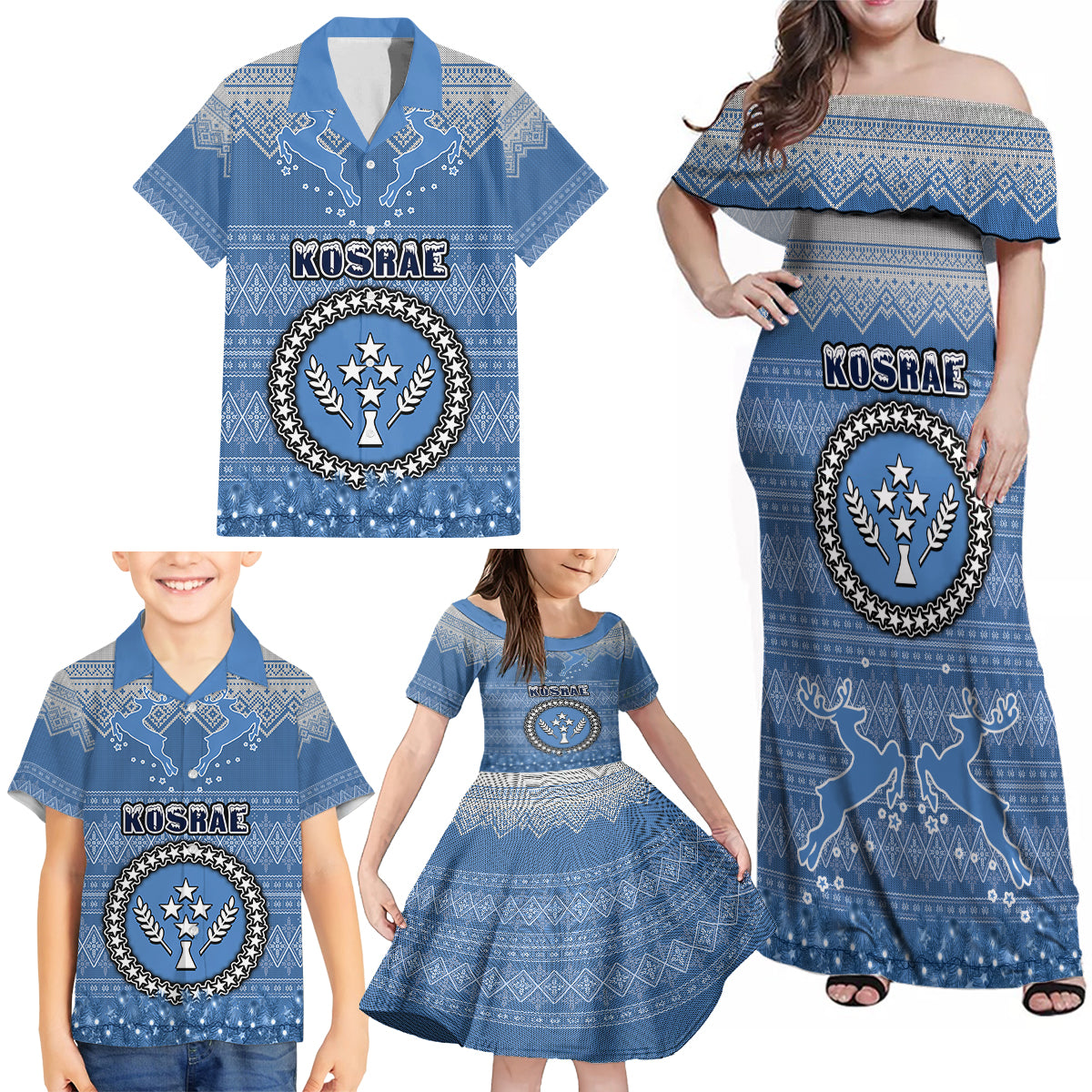Personalised Kosrae Christmas Family Matching Off Shoulder Maxi Dress and Hawaiian Shirt Coat of Arms Beautiful Merry Xmas Snowflake LT03 - Polynesian Pride