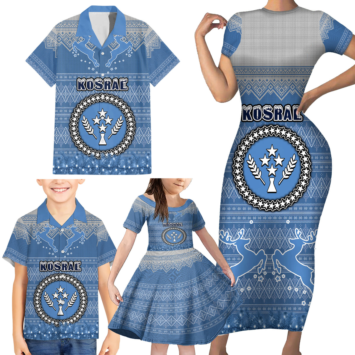 Personalised Kosrae Christmas Family Matching Short Sleeve Bodycon Dress and Hawaiian Shirt Coat of Arms Beautiful Merry Xmas Snowflake LT03 - Polynesian Pride