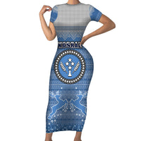 Personalised Kosrae Christmas Family Matching Short Sleeve Bodycon Dress and Hawaiian Shirt Coat of Arms Beautiful Merry Xmas Snowflake LT03 Mom's Dress Blue - Polynesian Pride