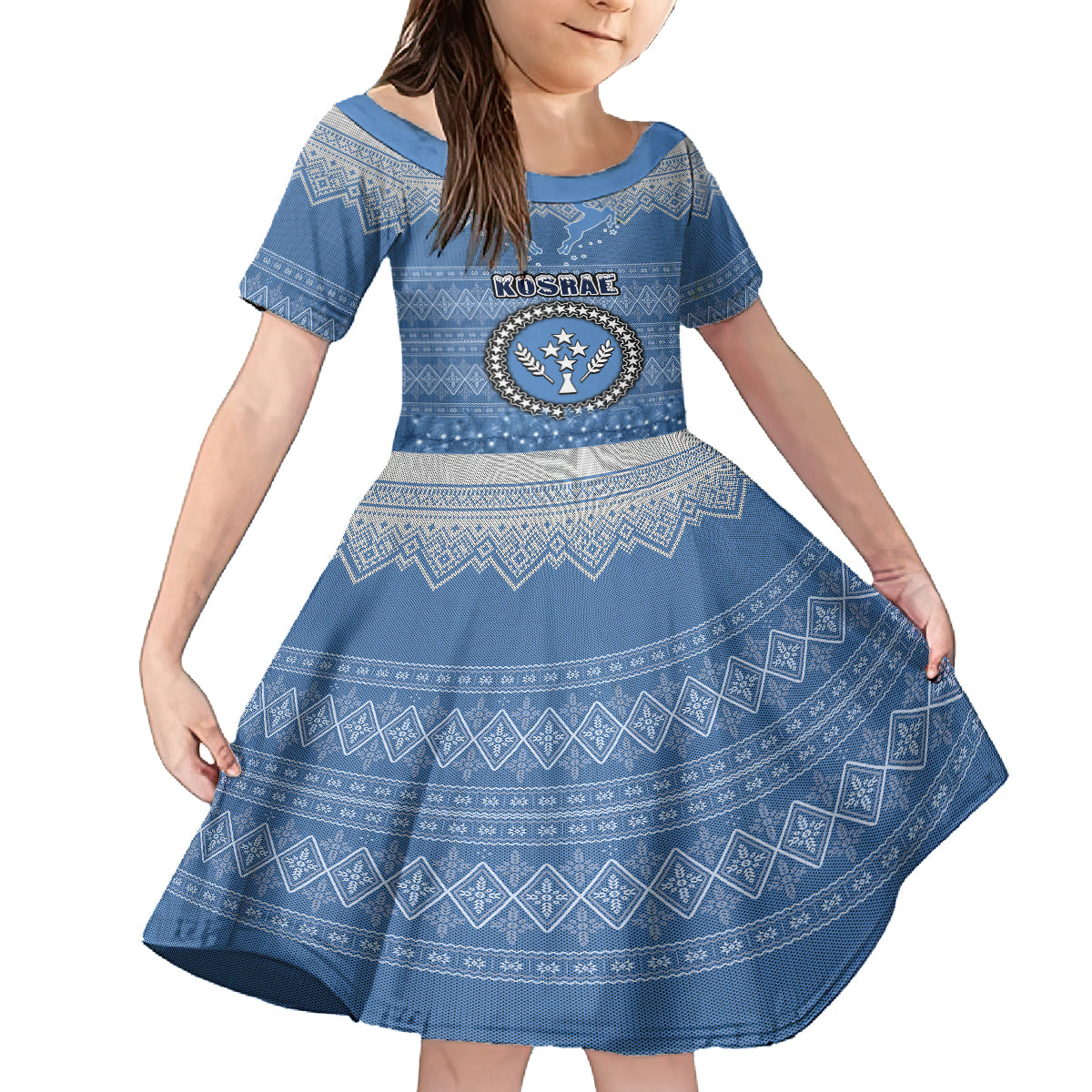 Personalised Kosrae Christmas Family Matching Summer Maxi Dress and Hawaiian Shirt Coat of Arms Beautiful Merry Xmas Snowflake LT03 Daughter's Dress Blue - Polynesian Pride