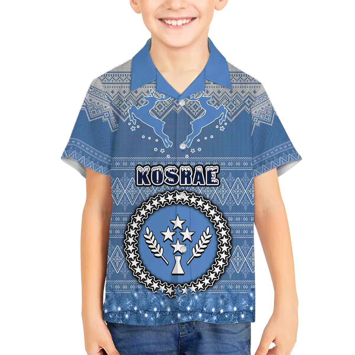 Personalised Kosrae Christmas Family Matching Tank Maxi Dress and Hawaiian Shirt Coat of Arms Beautiful Merry Xmas Snowflake LT03 Son's Shirt Blue - Polynesian Pride
