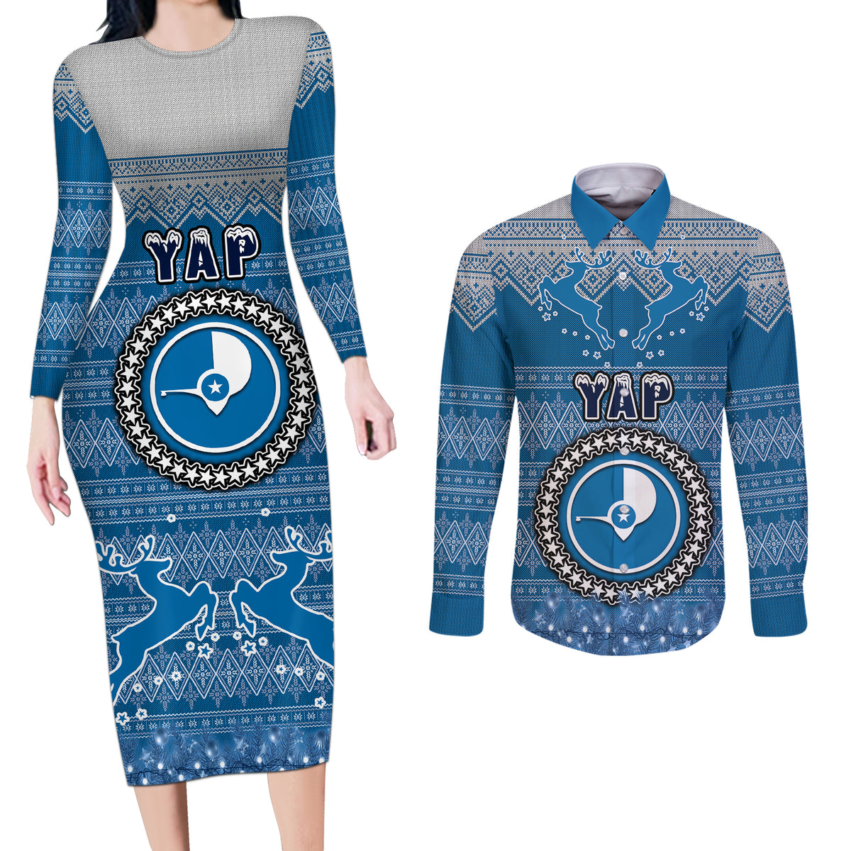Personalised Yap Christmas Couples Matching Long Sleeve Bodycon Dress and Long Sleeve Button Shirts Coat of Arms Beautiful Merry Xmas Snowflake LT03 Blue - Polynesian Pride